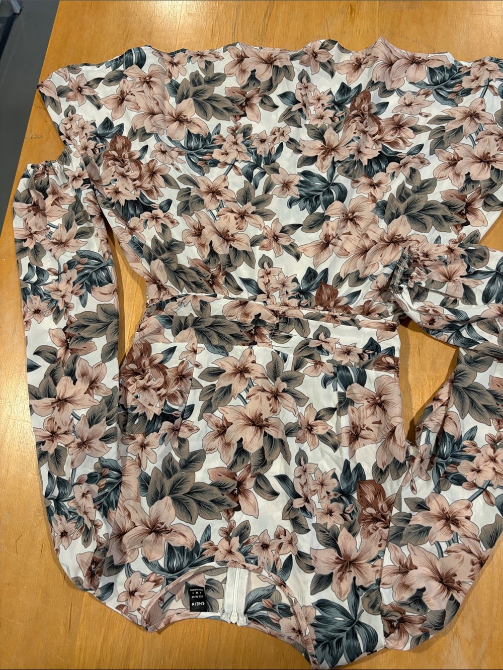 SHEIN ~ Floral Print Long sleeve dress Tan Blush Cream Gray